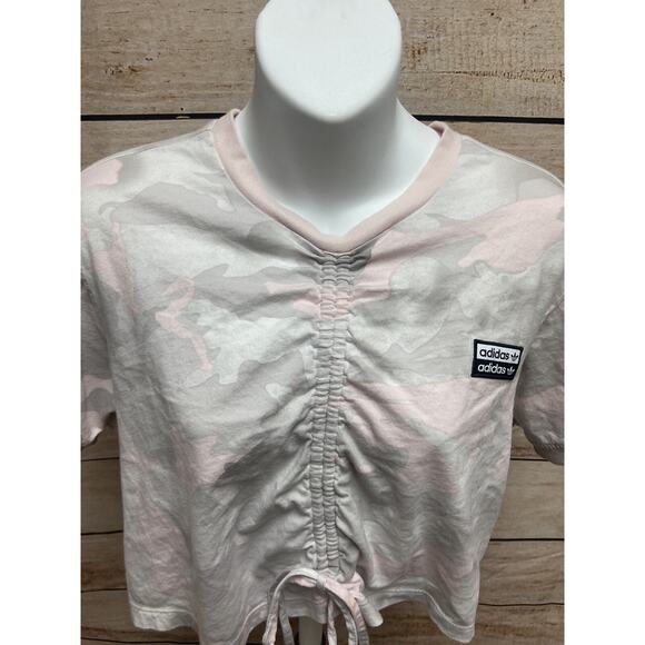 Adidas Womens Crop Top Shirt Size Small Cinch Front Pink Camo Short Sleeve - Picture 8 of 11